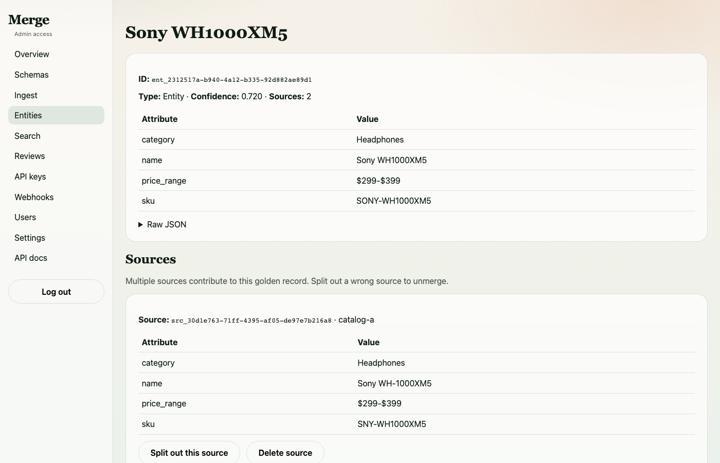 Merged Sony entity detail